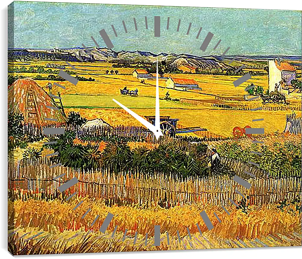 Часы картина - Harvest at La Crau, with Montmajour in the Background. Винсент Ван Гог