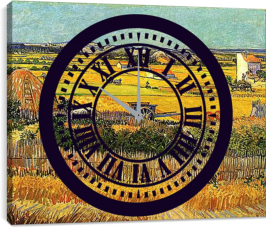 Часы картина - Harvest at La Crau, with Montmajour in the Background. Винсент Ван Гог