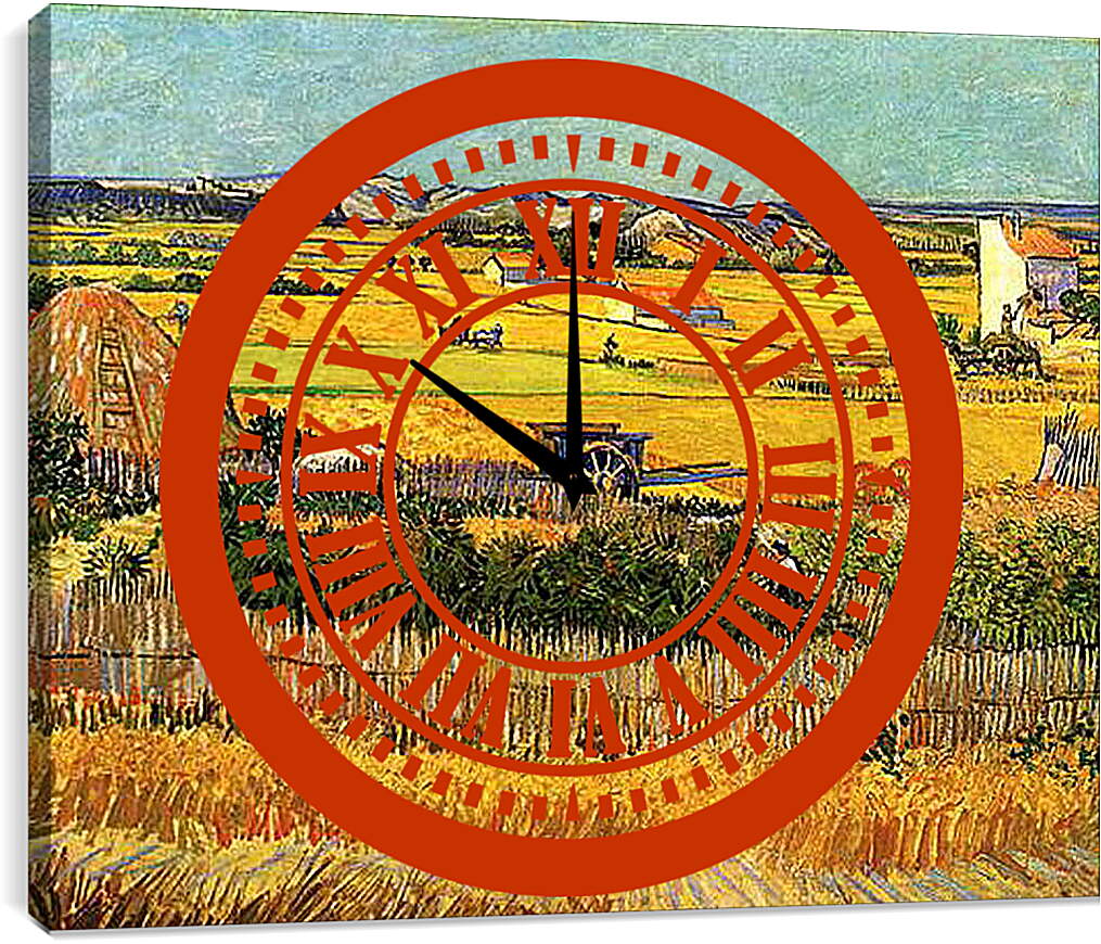 Часы картина - Harvest at La Crau, with Montmajour in the Background. Винсент Ван Гог
