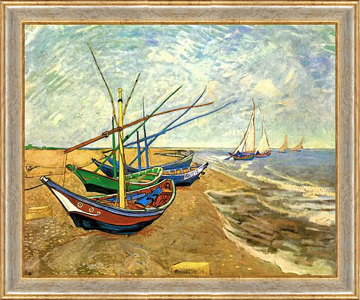 Картина в раме - Fishing Boats on the Beach at Saintes-Maries. Винсент Ван Гог