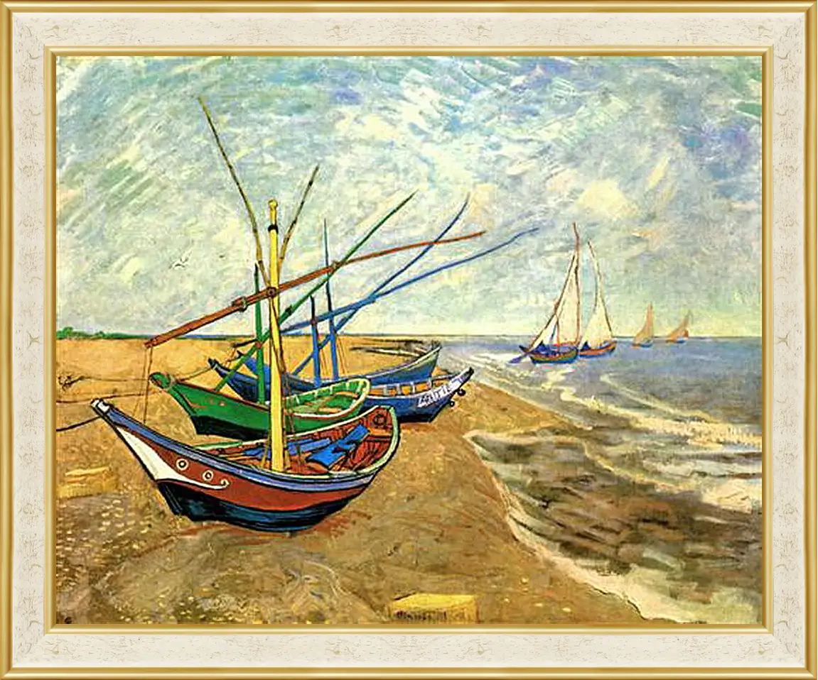 Картина в раме - Fishing Boats on the Beach at Saintes-Maries. Винсент Ван Гог