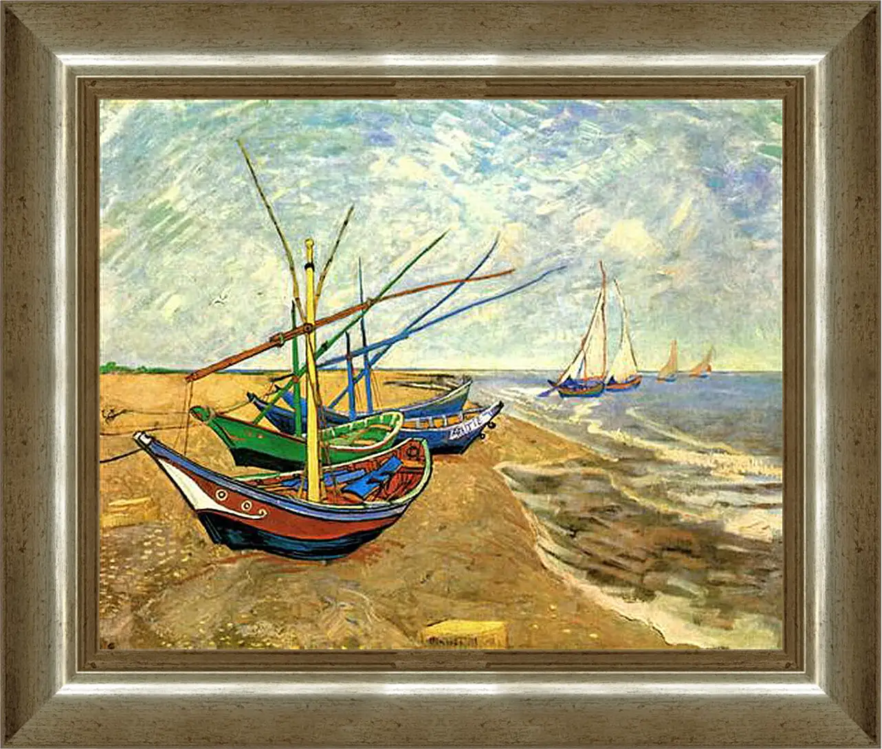 Картина в раме - Fishing Boats on the Beach at Saintes-Maries. Винсент Ван Гог