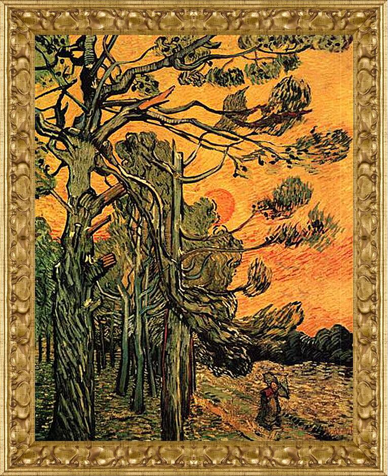 Картина в раме - Pine Trees against a Red Sky with Setting Sun. Винсент Ван Гог