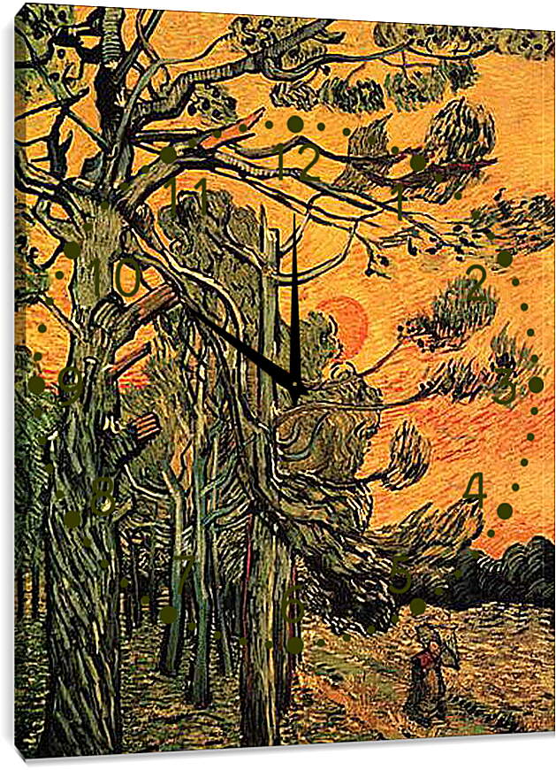 Часы картина - Pine Trees against a Red Sky with Setting Sun. Винсент Ван Гог