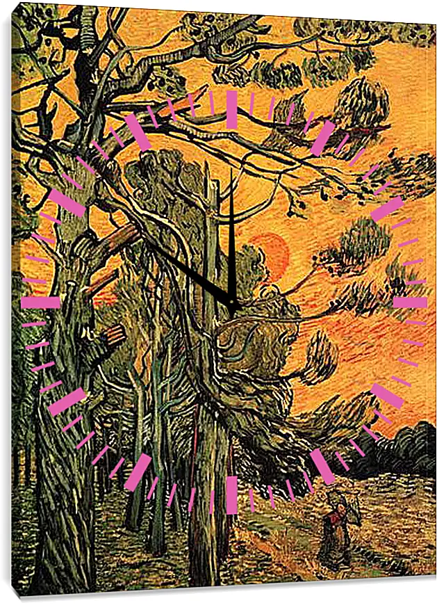 Часы картина - Pine Trees against a Red Sky with Setting Sun. Винсент Ван Гог