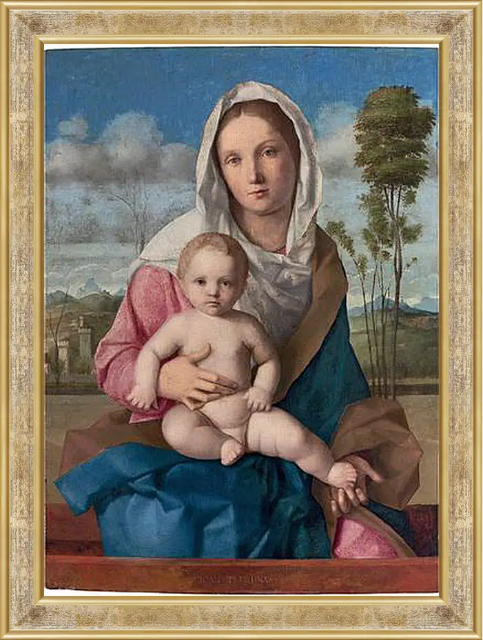 Картина в раме - The Madonna and Child in a landscape. Джованни Беллини