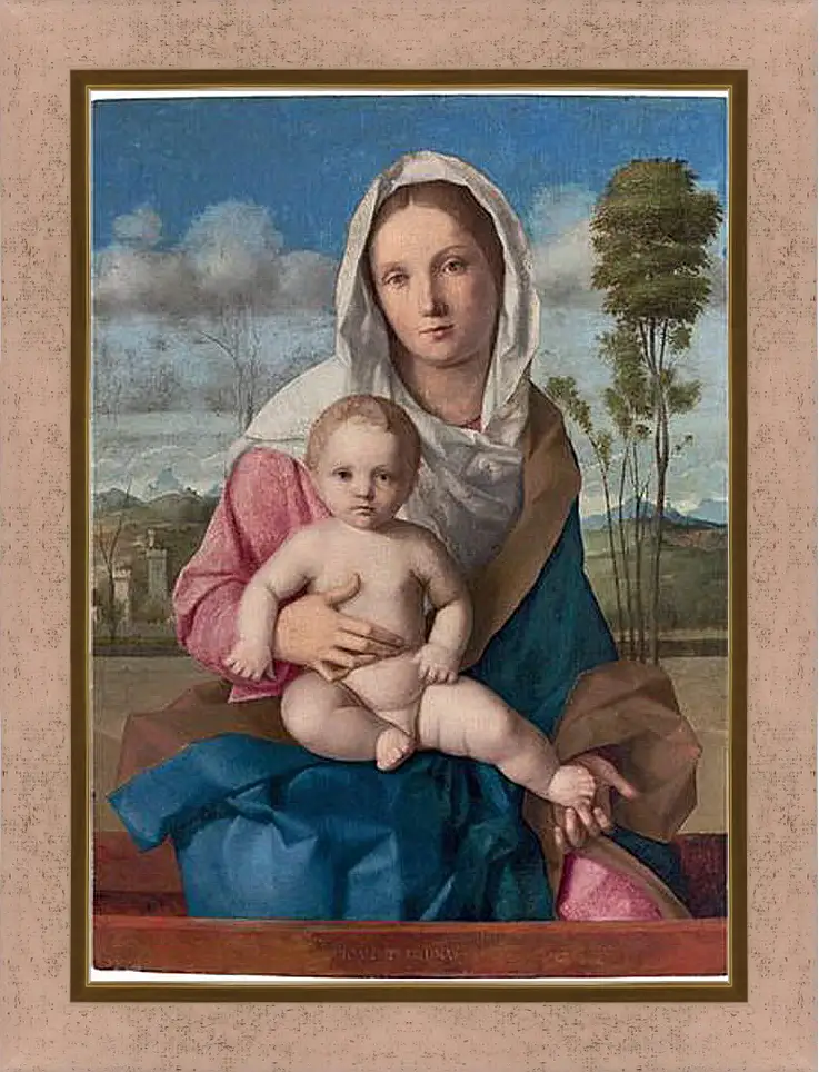 Картина в раме - The Madonna and Child in a landscape. Джованни Беллини