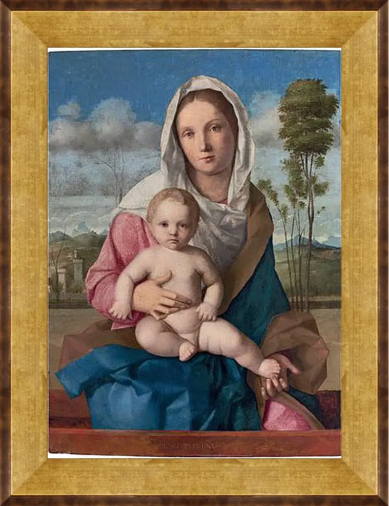 Картина в раме - The Madonna and Child in a landscape. Джованни Беллини