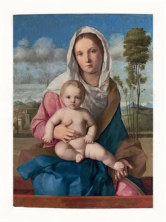 Картина в раме - The Madonna and Child in a landscape. Джованни Беллини
