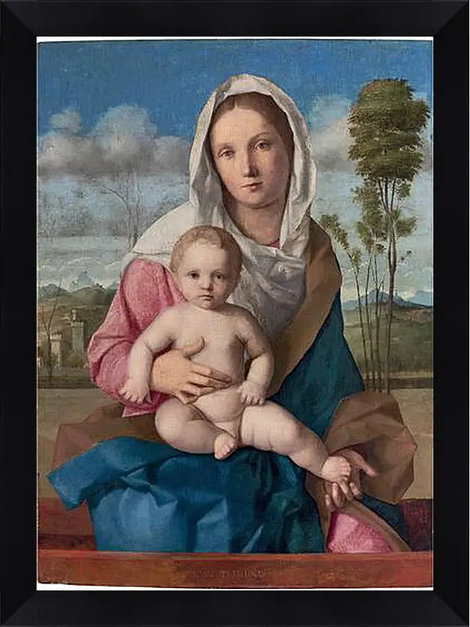 Картина в раме - The Madonna and Child in a landscape. Джованни Беллини