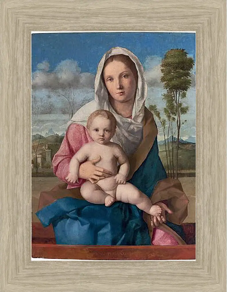 Картина в раме - The Madonna and Child in a landscape. Джованни Беллини