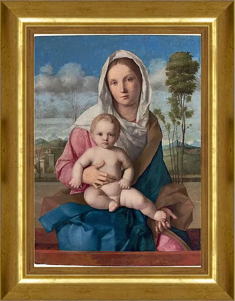 Картина в раме - The Madonna and Child in a landscape. Джованни Беллини