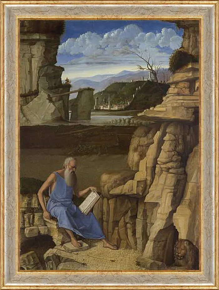 Картина в раме - Saint Jerome reading in a Landscape. Джованни Беллини