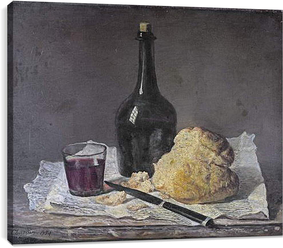Постер и плакат - Натюрморт со стеклянной бутылкой и хлебом. Жан Батист Симеон Шарден
