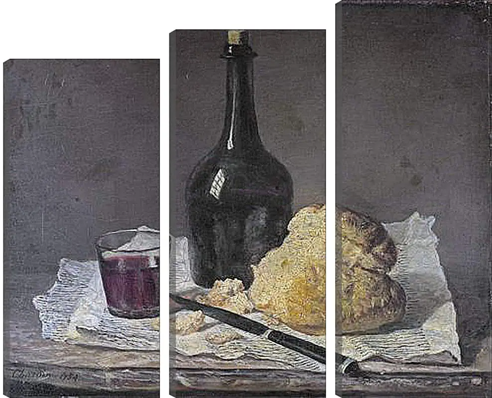 Модульная картина - Натюрморт со стеклянной бутылкой и хлебом. Жан Батист Симеон Шарден