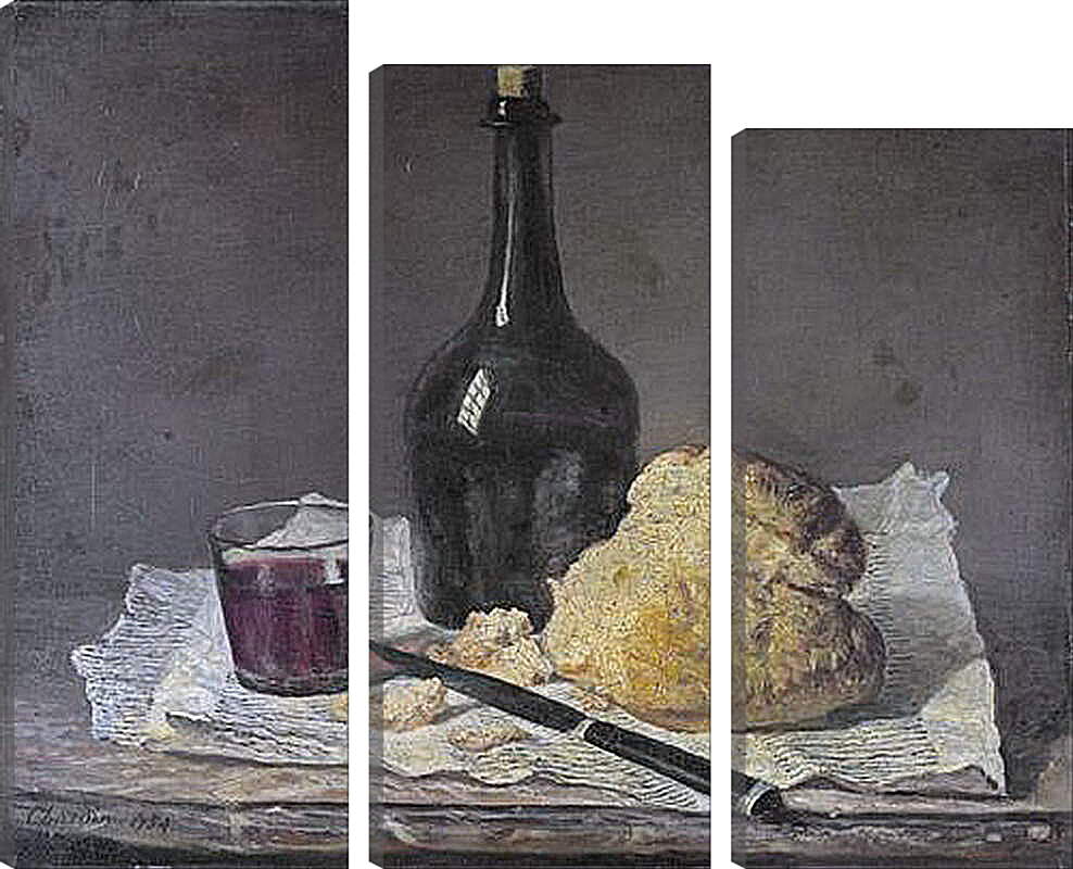 Модульная картина - Натюрморт со стеклянной бутылкой и хлебом. Жан Батист Симеон Шарден
