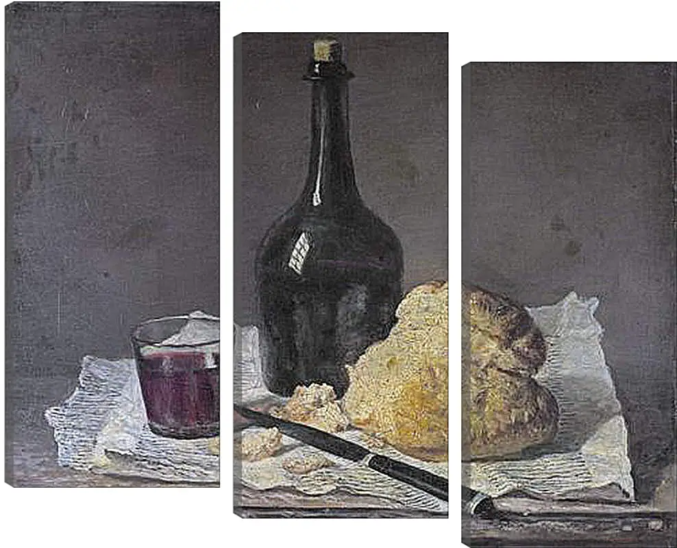 Модульная картина - Натюрморт со стеклянной бутылкой и хлебом. Жан Батист Симеон Шарден