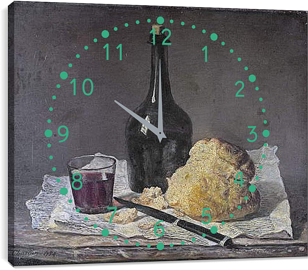 Часы картина - Натюрморт со стеклянной бутылкой и хлебом. Жан Батист Симеон Шарден

