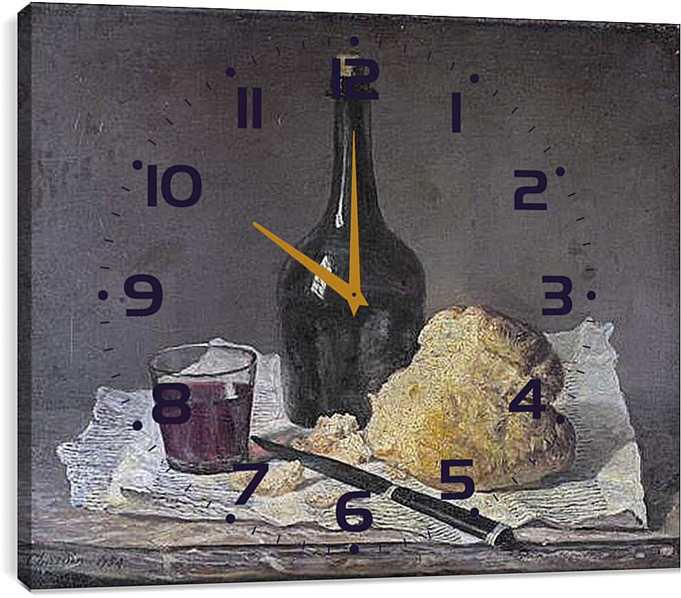 Часы картина - Натюрморт со стеклянной бутылкой и хлебом. Жан Батист Симеон Шарден
