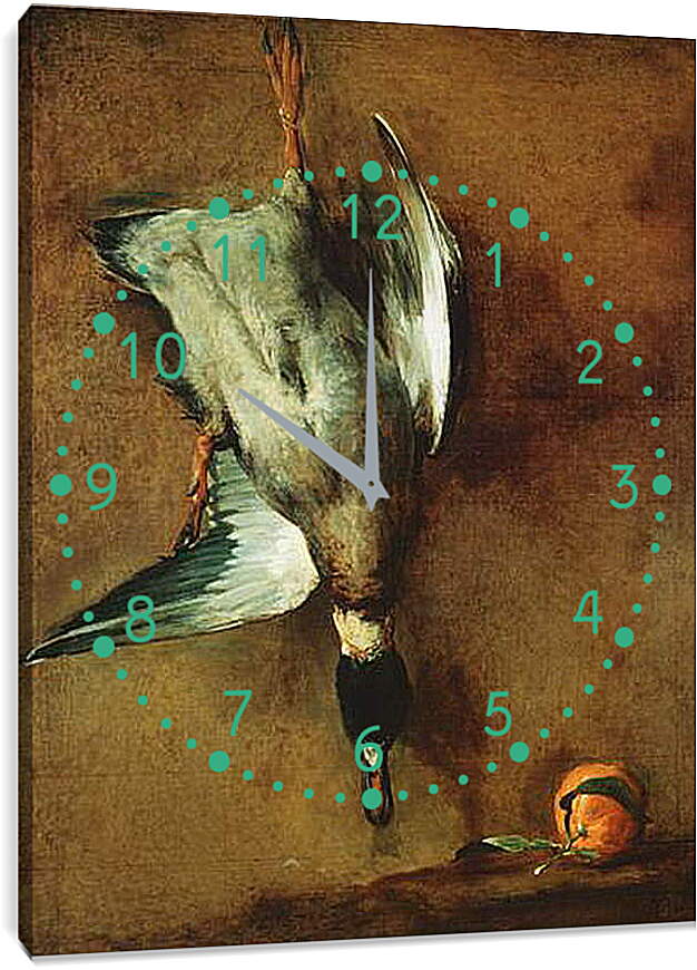 Часы картина - Un canard col-vert attache a la muraille et une bigarade. Жан Батист Симеон Шарден
