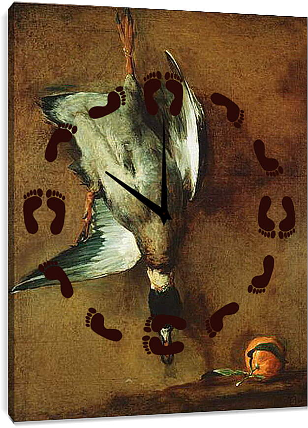 Часы картина - Селезень кряквы, висящий на стене, и севильский апельсин. Un canard col-vert attache a la muraille et une bigarade. Жан Батист Симеон Шарден