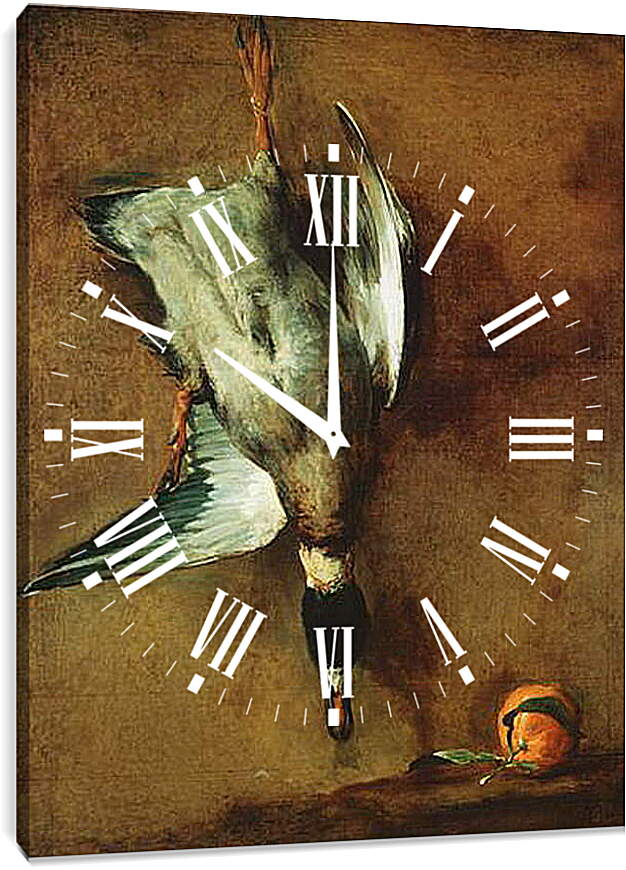 Часы картина - Un canard col-vert attache a la muraille et une bigarade. Жан Батист Симеон Шарден
