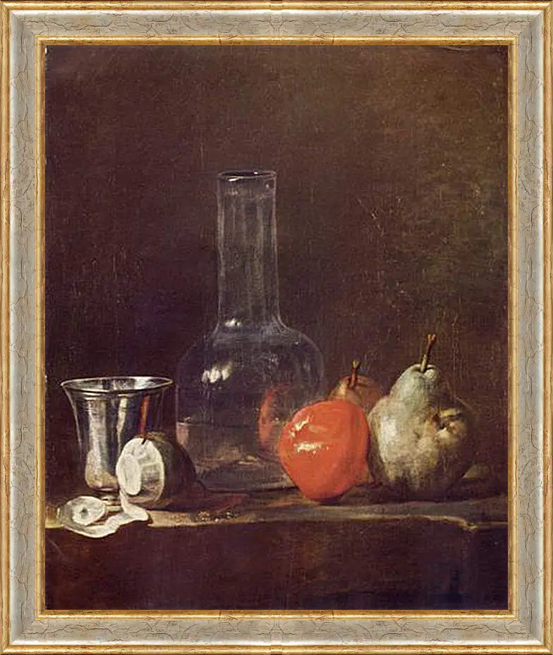 Картина в раме - Still Life with Glass Flask and Fruit. Жан Батист Симеон Шарден
