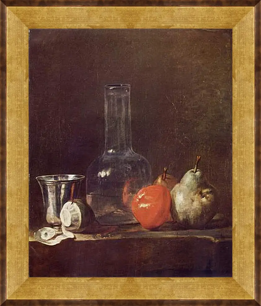 Картина в раме - Still Life with Glass Flask and Fruit. Жан Батист Симеон Шарден
