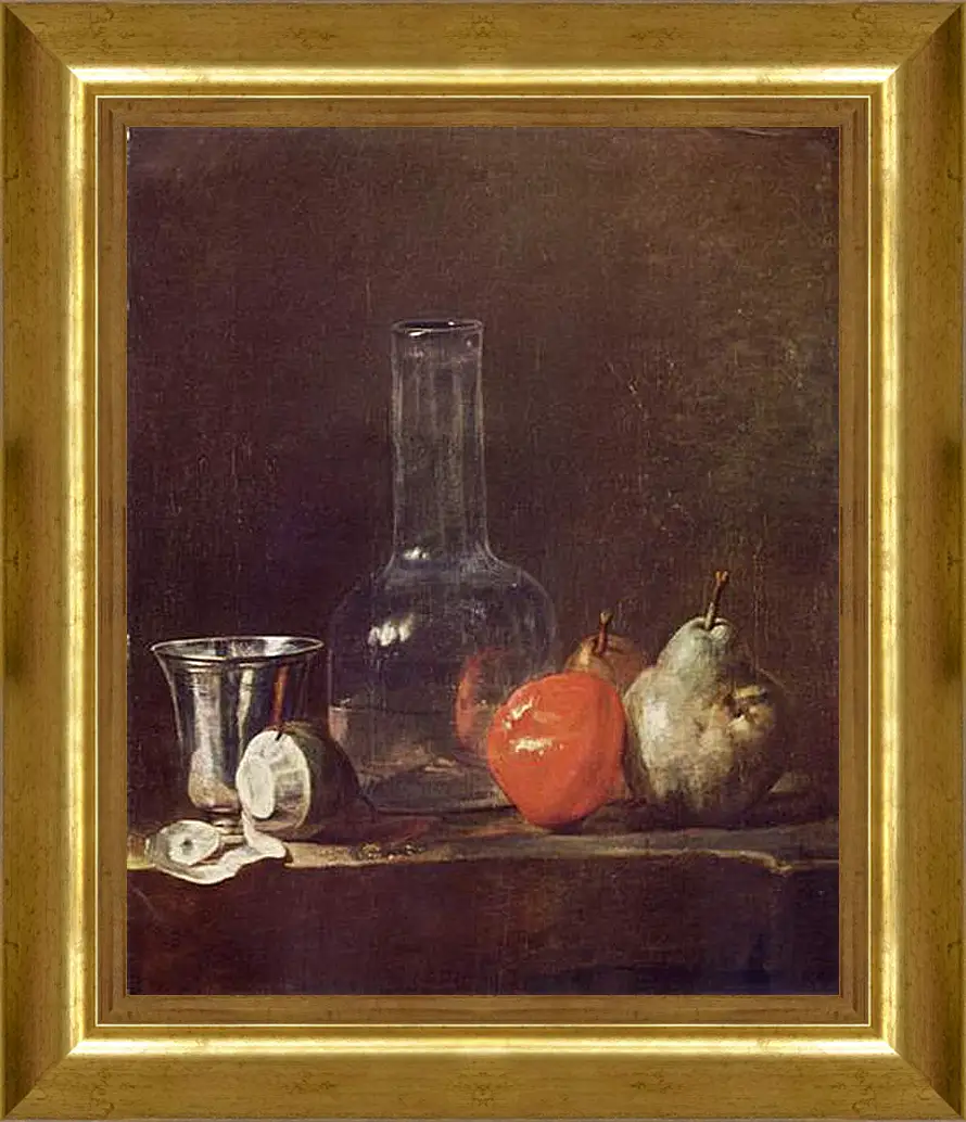 Картина в раме - Still Life with Glass Flask and Fruit. Жан Батист Симеон Шарден
