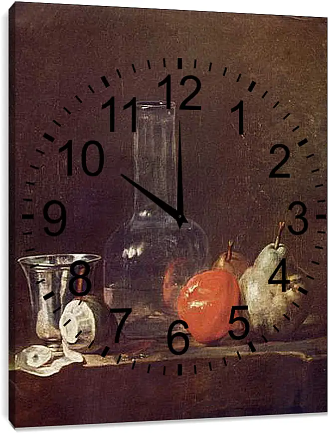 Часы картина - Still Life with Glass Flask and Fruit. Жан Батист Симеон Шарден