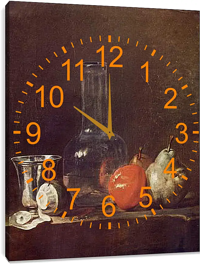 Часы картина - Still Life with Glass Flask and Fruit. Жан Батист Симеон Шарден