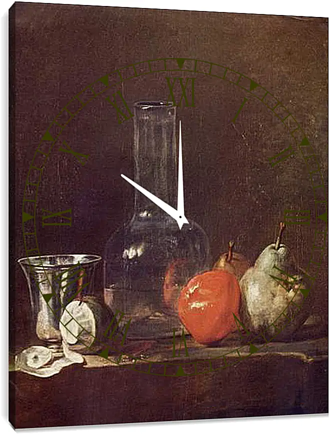 Часы картина - Still Life with Glass Flask and Fruit. Жан Батист Симеон Шарден