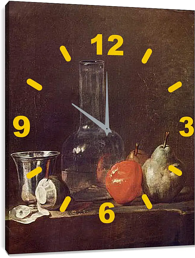 Часы картина - Still Life with Glass Flask and Fruit. Жан Батист Симеон Шарден
