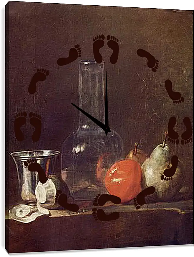 Часы картина - Still Life with Glass Flask and Fruit. Жан Батист Симеон Шарден