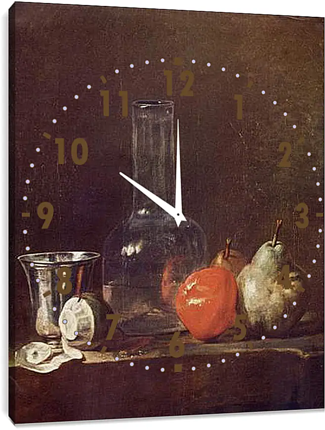 Часы картина - Still Life with Glass Flask and Fruit. Жан Батист Симеон Шарден
