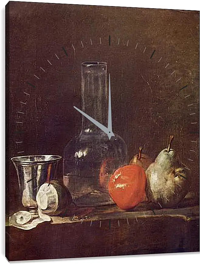 Часы картина - Still Life with Glass Flask and Fruit. Жан Батист Симеон Шарден
