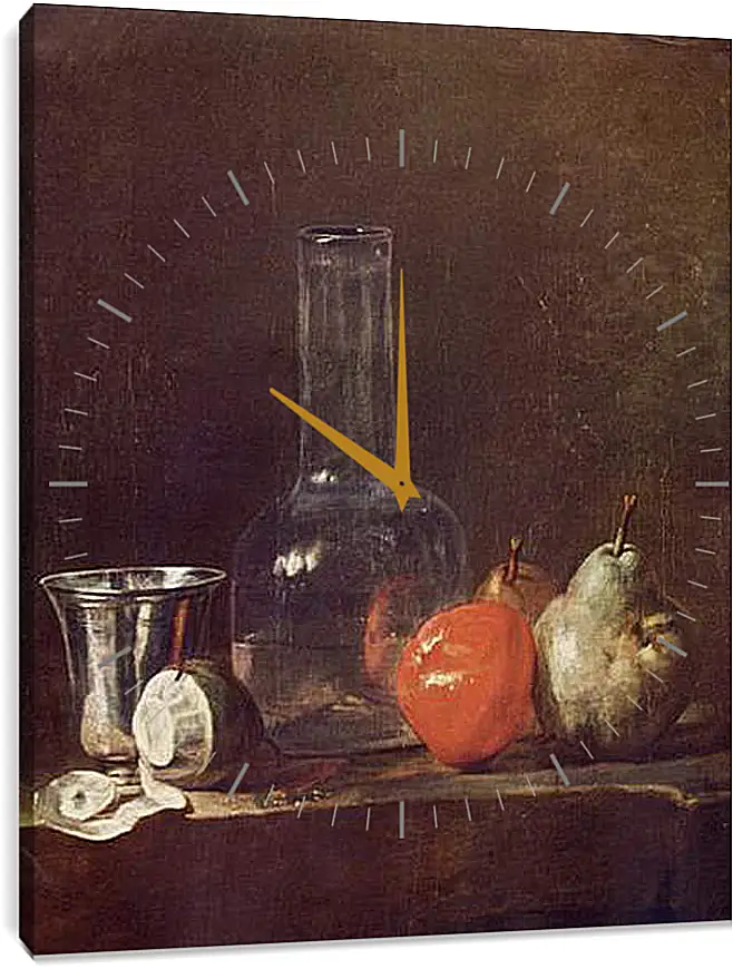 Часы картина - Still Life with Glass Flask and Fruit. Жан Батист Симеон Шарден