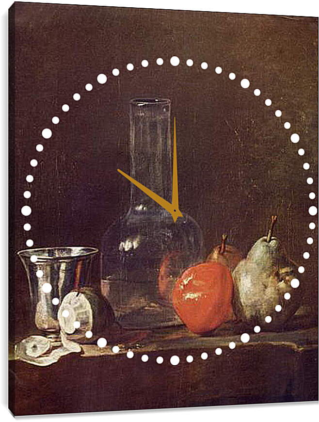 Часы картина - Still Life with Glass Flask and Fruit. Жан Батист Симеон Шарден
