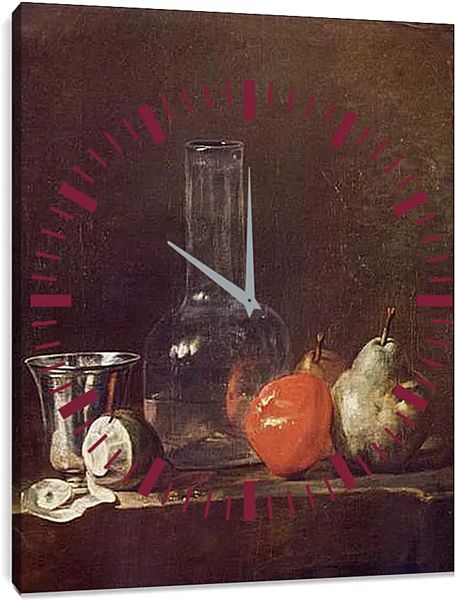 Часы картина - Still Life with Glass Flask and Fruit. Жан Батист Симеон Шарден