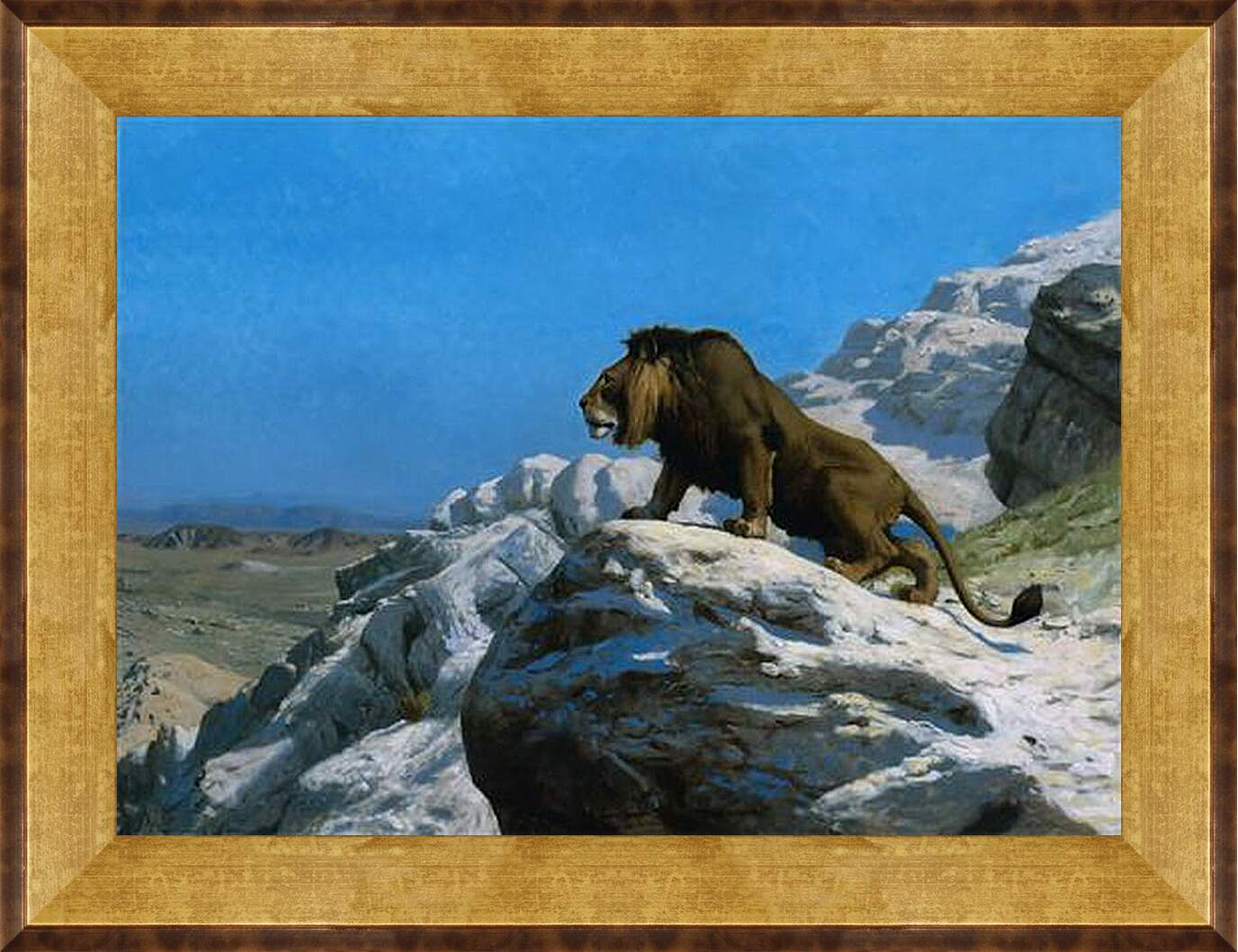 Картина в раме - Настороженный лев. Жан-Леон Жером
