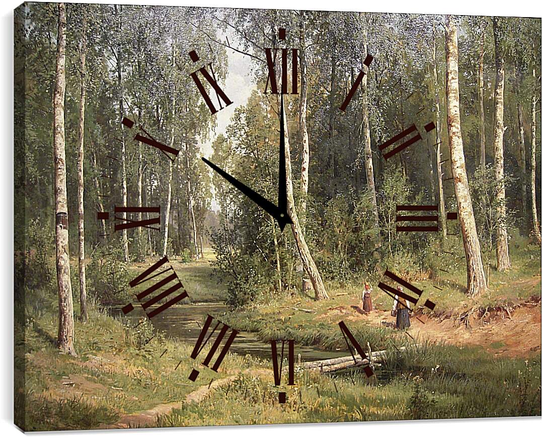 Часы картина - Ручей в берёзовом лесу. Иван Шишкин