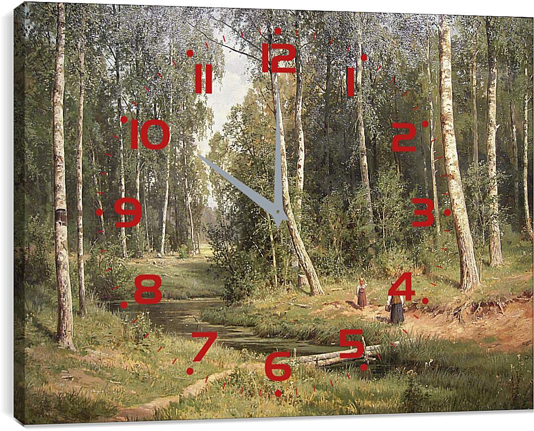 Часы картина - Ручей в берёзовом лесу. Иван Шишкин