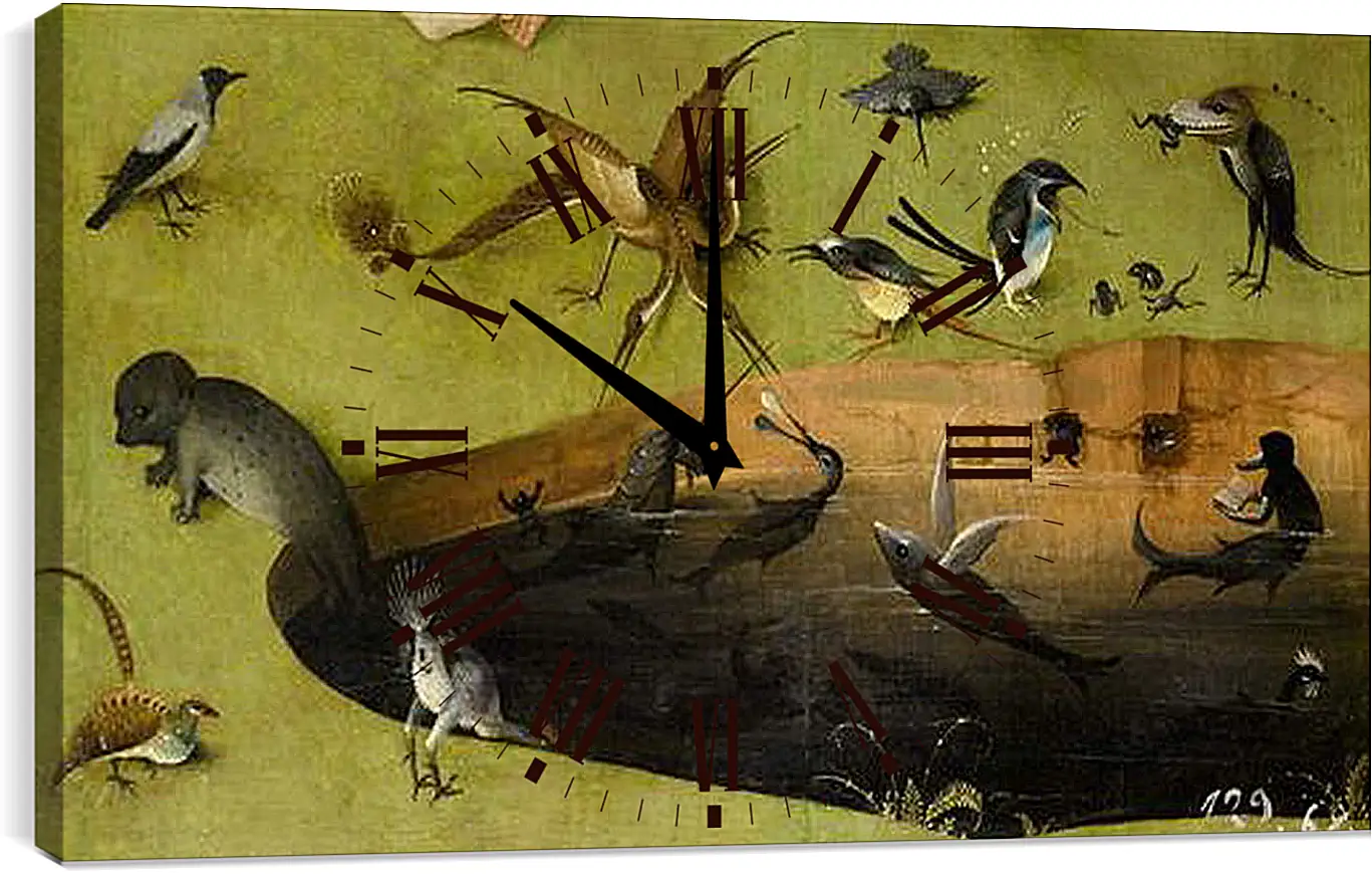 Часы картина - Pond with fictional creatures. Иероним Босх