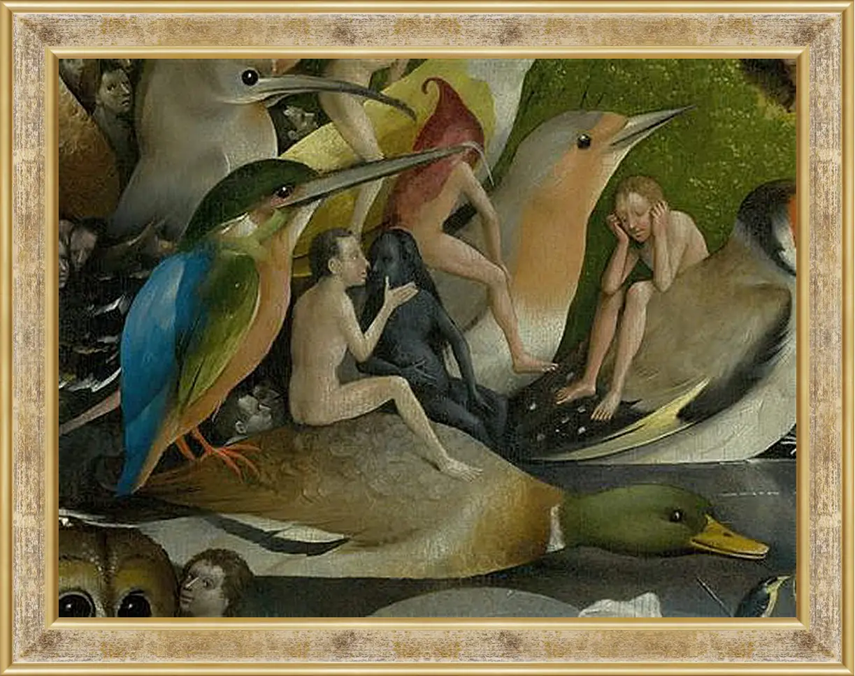 Картина в раме - Bird and Man riding a duck. Иероним Босх
