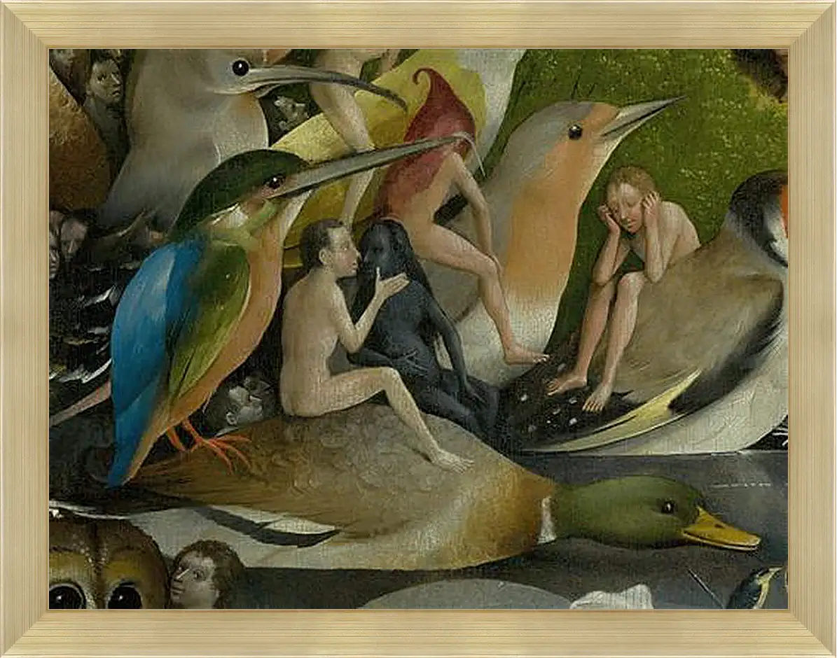 Картина в раме - Bird and Man riding a duck. Иероним Босх