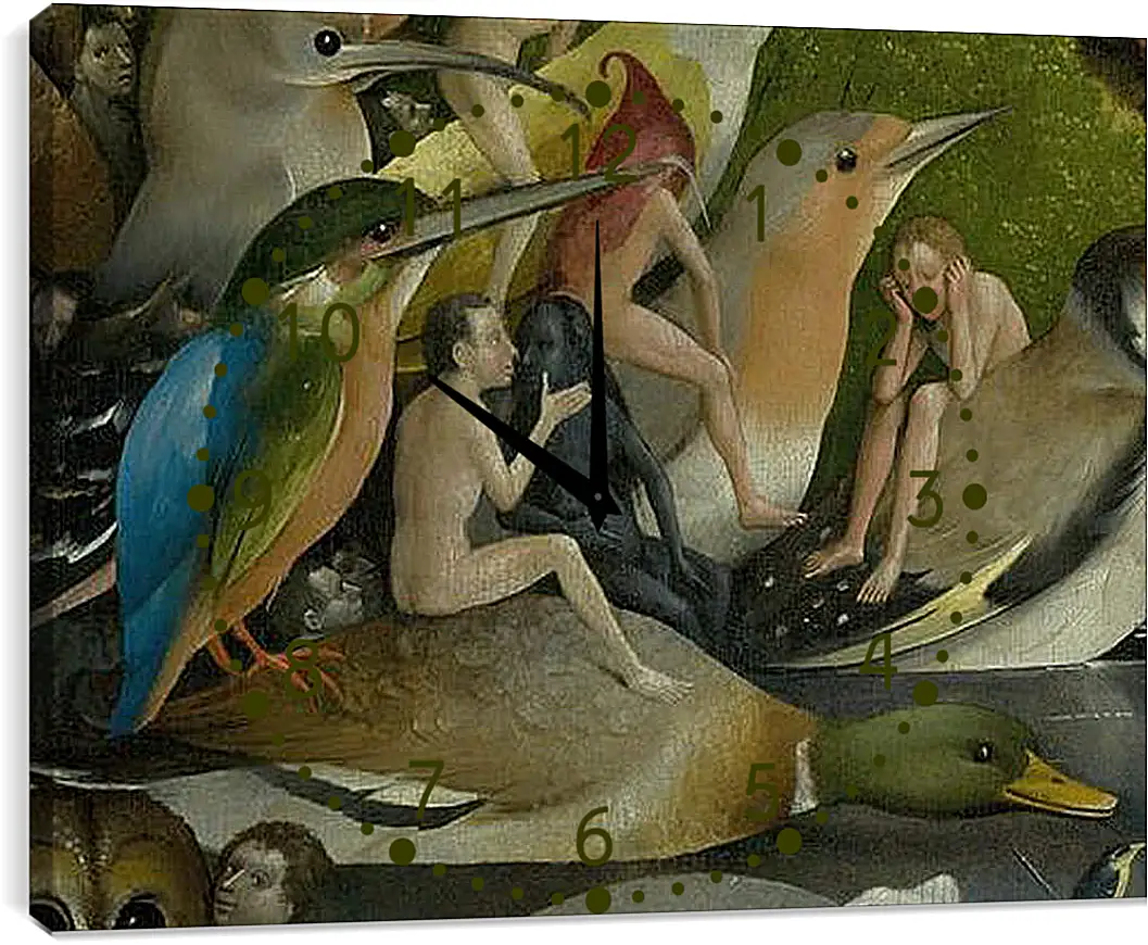Часы картина - Bird and Man riding a duck. Иероним Босх
