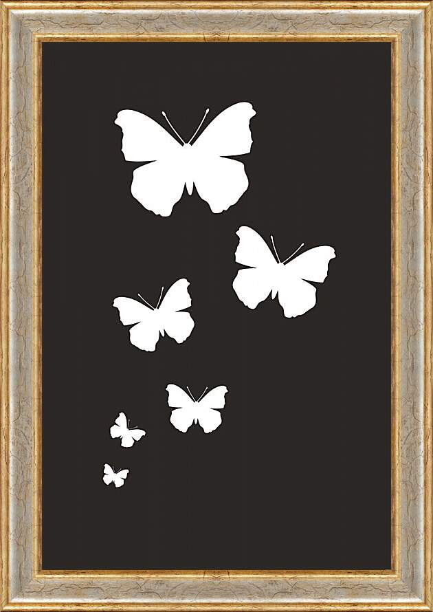 Картина в раме - Белые бабочки на черном фоне