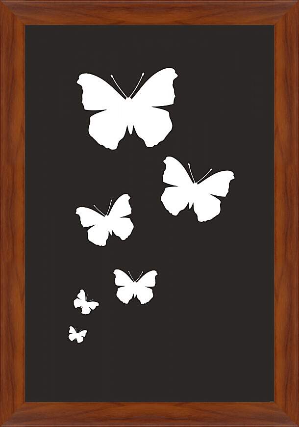 Картина в раме - Белые бабочки на черном фоне