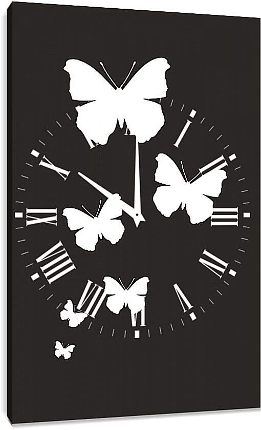 Часы картина - Белые бабочки на черном фоне