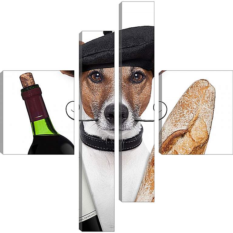 Модульная картина - Французская собака с багетом и бутылкой вина